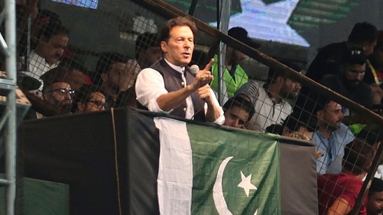 Pakistani opposition leader Imran Khan addresses his party supporters during a rally.(AP)