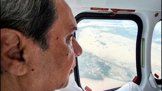 Odisha chief minister Naveen Patnaik conducted an aerial survey of the flood-affected areas on Thursday. (ANI)