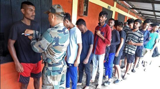 Agnipath aspirants line up for tests. (ANI Photo)
