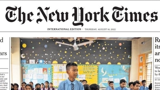 Front page of The New York Times' international edition on Thursday, August 18, 2022, featured Delhi deputy CM Manish Sisodia and the city's education model&nbsp;(Punit Agarwal/Twitter)