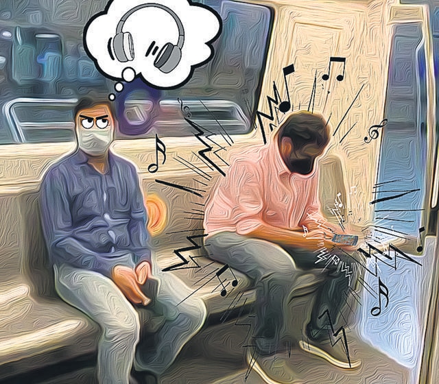 Talking on phone with the speaker mode on, and hearing music on loud are some of the irritating habits of Metro passengers, as shared by Delhiites. (Illustration: Anurag Mehra/HT) Talking on phone with the speaker mode on, and hearing music on loud are some of the irritating habits of Metro passengers, as shared by Delhiites. (Illustration: Anurag Mehra/HT)