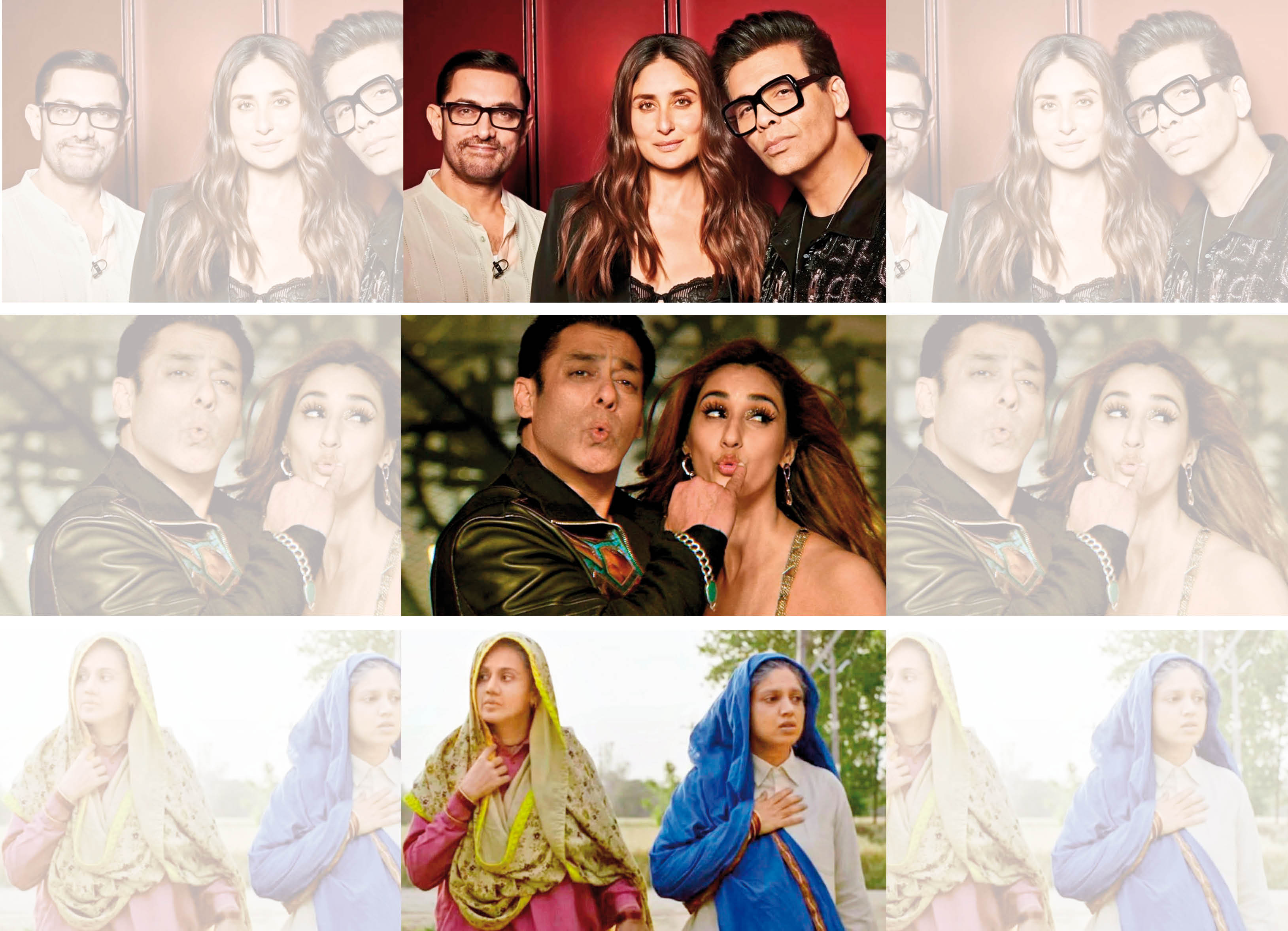 (Top to bottom) Aamir Khan, Kareena Kapoor and Karan Johar in a promo still from Koffee With Karan where they promoted Laal Singh Chadha (2022); Salman Khan and Disha Patani in Radhe (2021) and Taapsee Pannu and Bhumi Pednekar in Saand Ki Aankh (2019) (Top to bottom) Aamir Khan, Kareena Kapoor and Karan Johar in a promo still from Koffee With Karan where they promoted Laal Singh Chadha (2022); Salman Khan and Disha Patani in Radhe (2021) and Taapsee Pannu and Bhumi Pednekar in Saand Ki Aankh (2019)