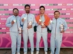 Sunil Bahadur, Navneet Singh, Chandan Kumar Singh and Dinesh Kumar pose for a photo with their Silver medals after the finals of Lawn Bowls Men's Team event at the Commonwealth Games (CWG) 2022.(Team India twitter) Sunil Bahadur, Navneet Singh, Chandan Kumar Singh and Dinesh Kumar pose for a photo with their Silver medals after the finals of Lawn Bowls Men's Team event at the Commonwealth Games (CWG) 2022.(Team India twitter)