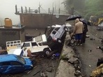 Vehicles damaged after being hit by a flash flood caused by a cloudburst at Baghi nullah in Mandi on Saturday. Vehicles damaged after being hit by a flash flood caused by a cloudburst at Baghi nullah in Mandi on Saturday. 