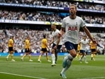 Harry Kane celebrates after he scores during the Premier League match between Tottenham Hotspur and Wolverhampton Wanderers.(AFP) Harry Kane celebrates after he scores during the Premier League match between Tottenham Hotspur and Wolverhampton Wanderers.(AFP)
