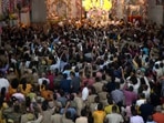 Massive crowd at Bankey Bihari temple in Mathura, Uttar Pradesh.
