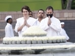 Congress MP Rahul Gandhi, Priyanka Gandhi Vadra and Robert Vadra at Vir Bhumi on Saturday. Congress MP Rahul Gandhi, Priyanka Gandhi Vadra and Robert Vadra at Vir Bhumi on Saturday.