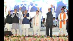 BJP national president JP Nadda and Himachal CM Jai Ram Thakur during an event at Paonta Sahib on Saturday.  (HT Photo)