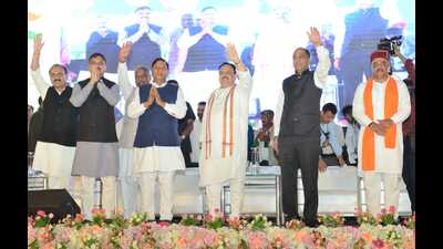 BJP national president JP Nadda and Himachal CM Jai Ram Thakur during an event at Paonta Sahib on Saturday. (HT Photo) BJP national president JP Nadda and Himachal CM Jai Ram Thakur during an event at Paonta Sahib on Saturday. (HT Photo)