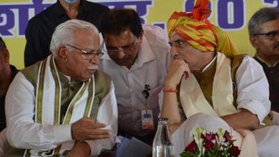 Union defence minister Rajnath Singh with Haryana CM Manohar Lal Khattar during the inauguration of BJP's new office in Panchkula on Saturday. (Sant Arora/HT) Union defence minister Rajnath Singh with Haryana CM Manohar Lal Khattar during the inauguration of BJP's new office in Panchkula on Saturday. (Sant Arora/HT)
