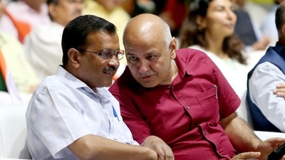 Delhi CM Arvind Kejriwal interacts with Deputy CM Manish Sisodia at the 'Har Hath Tiranga' program on the eve of Independence Day 2022, in New Delhi.. (ANI Photo) Delhi CM Arvind Kejriwal interacts with Deputy CM Manish Sisodia at the 'Har Hath Tiranga' program on the eve of Independence Day 2022, in New Delhi.. (ANI Photo)
