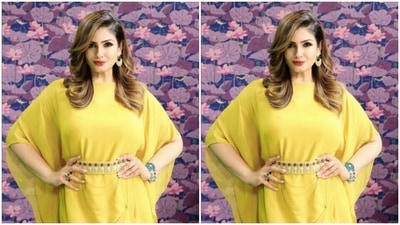 Raveena played muse to fashion designer house Merge and picked a yellow gown for the pictures. (Instagram/@officialraveenatandon)