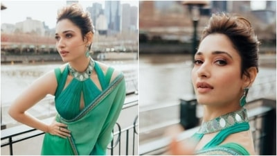 Tamannaah Bhatia earlier flew to Melbourne to attend the Indian Film Festival of Melbourne. She made heads turn at the event in a green saree teamed with a contemporary designed blouse. (Instagram/@tamannaahspeaks)
