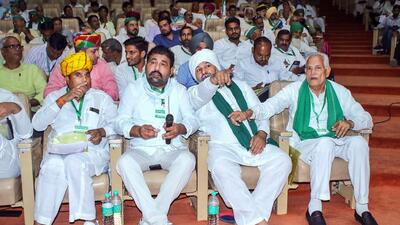 BKU leader Rakesh Tikait with others attend the 'Kisan Sansad' organised by Samyukta Kisan Morcha, in Jaipur. (PTI)