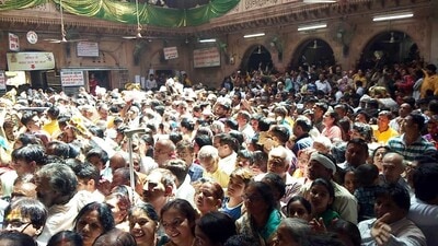 Mangla Aarti is usually organized in the early hours of the day but it is a tradition to hold it after midnight on Janmashtami, celebrated to mark the birth of Lord Krishna. It had drawn a huge crowd, including people from the National Capital Region (NCR) where Lord Bankey Bihari is much revered. (Pic for representation) Mangla Aarti is usually organized in the early hours of the day but it is a tradition to hold it after midnight on Janmashtami, celebrated to mark the birth of Lord Krishna. It had drawn a huge crowd, including people from the National Capital Region (NCR) where Lord Bankey Bihari is much revered. (Pic for representation)