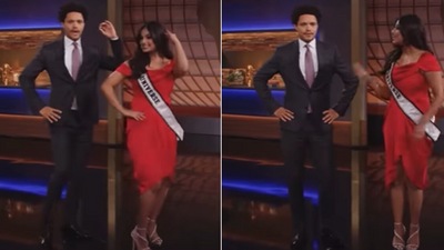 Harnaaz Sandhu with Trevor Noah during the The Daily Show. Harnaaz Sandhu with Trevor Noah during the The Daily Show.