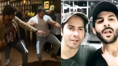 Kartik Aaryan and Varun Dhawan at David Dhawan's birthday party in Mumbai. Kartik Aaryan and Varun Dhawan at David Dhawan's birthday party in Mumbai.