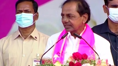 Telangana CM K Chandrasekhar Rao in Munugode, Telangana on Saturday. (ANI)