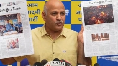 Manish Sisodia speaks at a press conference on Saturday,