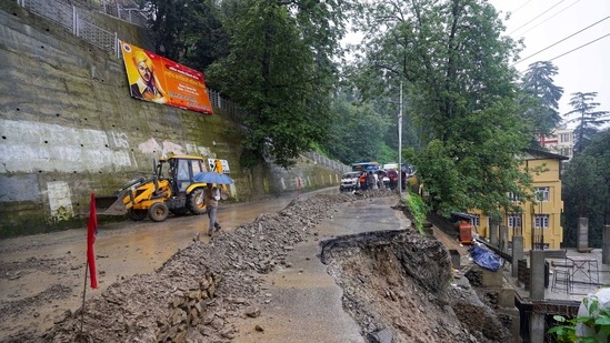 Damaged road in Shimla after heavy rainfall(PTI)