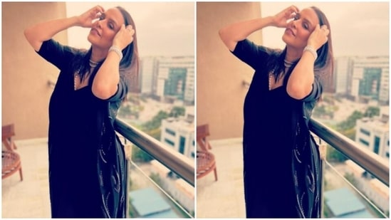 Neha played muse to fashion designer Ohaila Khan and picked a black ensemble from the shelves of the Italy-based designer.(Instagram/@nehadhupia)