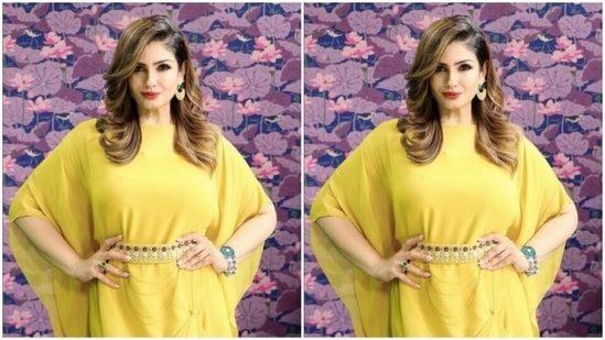 Raveena played muse to fashion designer house Merge and picked a yellow gown for the pictures.(Instagram/@officialraveenatandon)