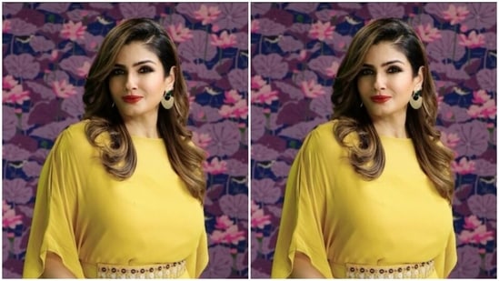 Raveena's long yellow silk gown came with kaftan-styled sleeves and a belt detail, styled in embellishments. The gown hugged Raveena's shape and featured minimal knotted details below the waist.(Instagram/@officialraveenatandon)