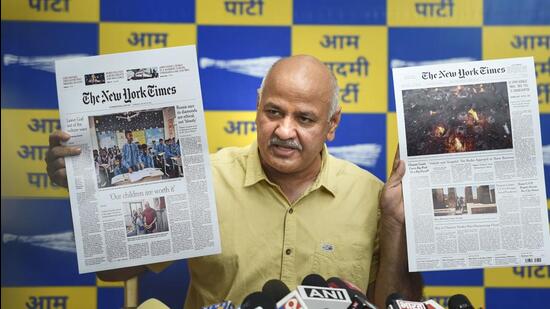 Deputy chief minister Manish Sisodia addressing a press conference at his residence in central Delhi’s Mathura Road on Saturday. (PTI)