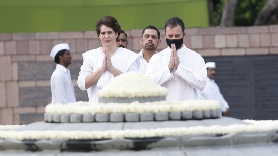 Congress MP Rahul Gandhi, Priyanka Gandhi Vadra and Robert Vadra at Vir Bhumi on Saturday. (Twitter/ INC India)