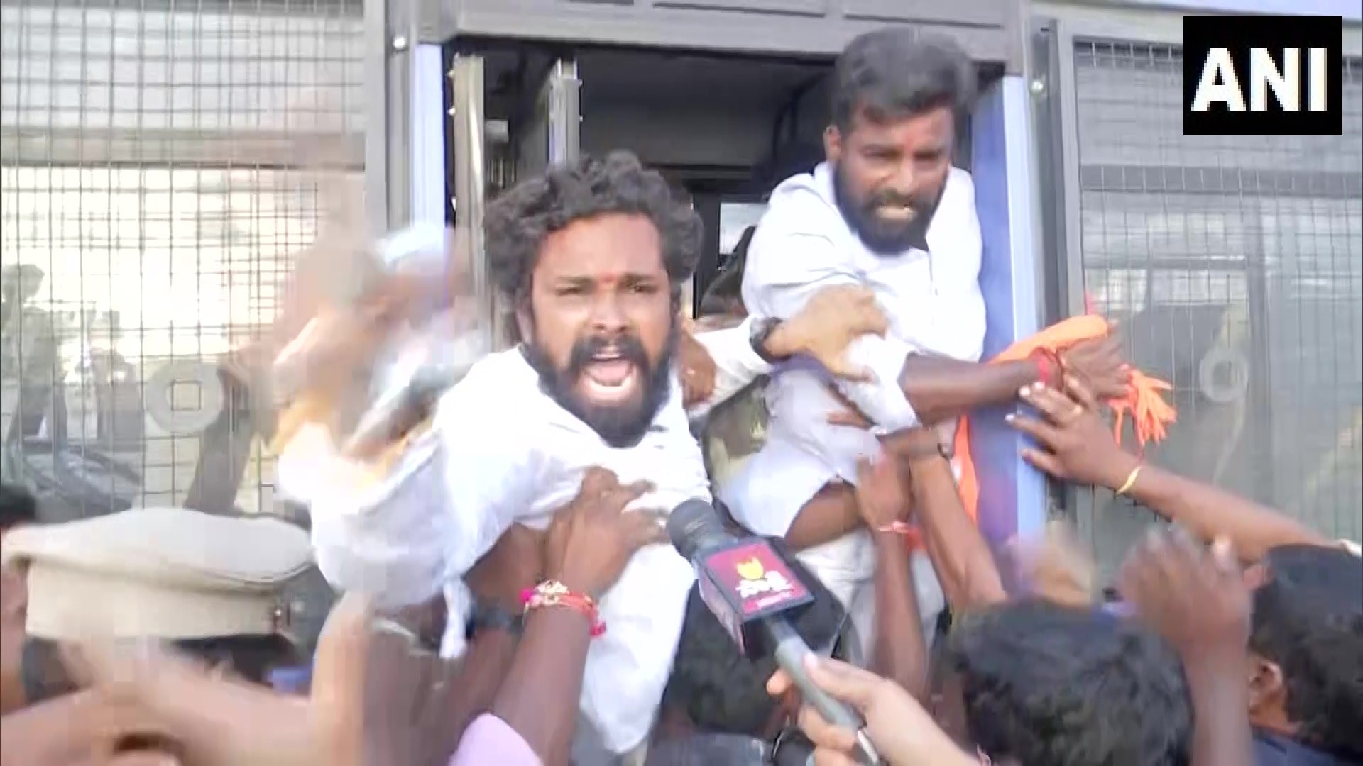 BJYM leaders being taken into custody in Hyderabad on Saturday. (ANI) BJYM leaders being taken into custody in Hyderabad on Saturday. (ANI)