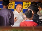 Delhi deputy CM Manish Sisodia talks to the media at his residence in New Delhi,(PTI) Delhi deputy CM Manish Sisodia talks to the media at his residence in New Delhi,(PTI)