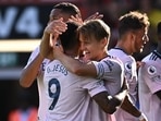 Arsenal's Martin Odegaard celebrates scoring their second goal with Gabriel Jesus