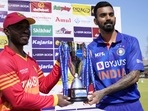Zimbabwe captain Regis Chakabva and India captain KL Rahul with the trophy.(AP) Zimbabwe captain Regis Chakabva and India captain KL Rahul with the trophy.(AP)