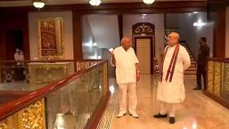 After addressing a public rally at Munugode in Telangana’s Nalgonda district in the evening, Shah drove straight to media baron Ramoji Rao’s bungalow in Ramoji Film City on the outskirts of Hyderabad, on his way to the Rajiv Gandhi International Airport. (HT Photo)