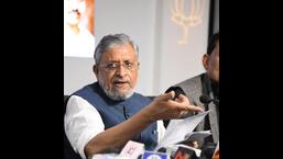 BJP MP and former deputy CM Sushil Kumar Modi addresses a press conference in Patna on Sunday.  (Santosh Kumar/HT Photo)