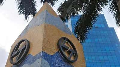 A logo of Larsen and Toubro (L&amp;T) is pictured outside its corporate office in Mumbai. (Reuters File Photo)