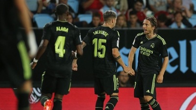 Real Madrid's Luka Modric celebrates scoring their second goal with Federico Valverde and David Alaba (REUTERS)