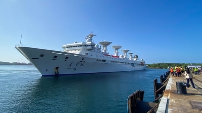 Chinese satellite and ballistic missile tracker Yuan Wang 5, which is currently berthed at Hambantota Port. The Port was given on 99 year lease to China in 2017 in a debt for equity swap by Rajapaksa regime. (AFP)