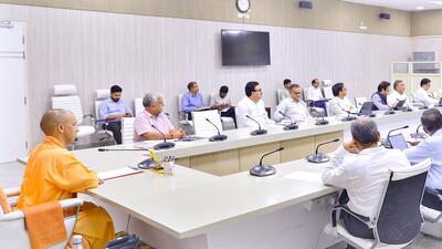 Uttar Pradesh chief minister Yogi Adityanath at a high-level meeting in Lucknow on Sunday. (HT PHOTO)