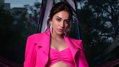 Rakul Preet Singh's hot pink bralette and mini skirt with crop blazer is the star of Cuttputlli promotions (Instagram) Rakul Preet Singh's hot pink bralette and mini skirt with crop blazer is the star of Cuttputlli promotions (Instagram)