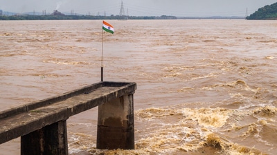 Swollen Mahanadi river after authorities opened gates of Hirakud dam following incessant monsoon rains, at Naraj Barrage in Cuttack. (PTI) Swollen Mahanadi river after authorities opened gates of Hirakud dam following incessant monsoon rains, at Naraj Barrage in Cuttack. (PTI)