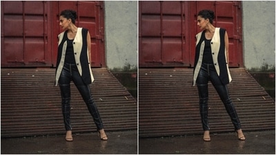 Another monochrome moment Taapsee sported in this photoshoot. She wore a black bodysuit with faux leather skin-tight pants and a sleeveless monochrome print jacket. Her messy hairdo, minimal jewellery, bold makeup and killer high heels completed the outfit. (Instagram/@dev213) Another monochrome moment Taapsee sported in this photoshoot. She wore a black bodysuit with faux leather skin-tight pants and a sleeveless monochrome print jacket. Her messy hairdo, minimal jewellery, bold makeup and killer high heels completed the outfit. (Instagram/@dev213)