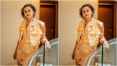 Floral patterns are the season's vibe, and Taapsee took it up by a notch in this look. She wore a floral printed mini dress teamed with a matching crop jacket. A messy updo, red lip shade and glowing skin completed this print-on-print outfit. (Instagram/@dev213) Floral patterns are the season's vibe, and Taapsee took it up by a notch in this look. She wore a floral printed mini dress teamed with a matching crop jacket. A messy updo, red lip shade and glowing skin completed this print-on-print outfit. (Instagram/@dev213)