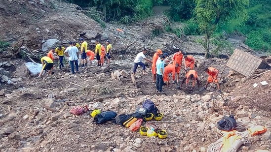 NDRF personnel carry out a search and rescue operation at Gwad following flash floods in Uttarakhand's Tehri district.&nbsp;(PTI)