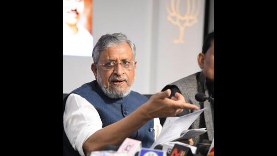 BJP MP and former deputy CM Sushil Kumar Modi addresses a press conference in Patna on Sunday. (Santosh Kumar/HT Photo)