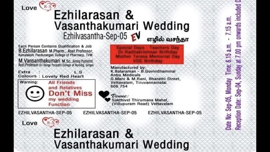 The wedding invitation looks like the back side of a pack of tablets.(Twitter/@hvgoenka)