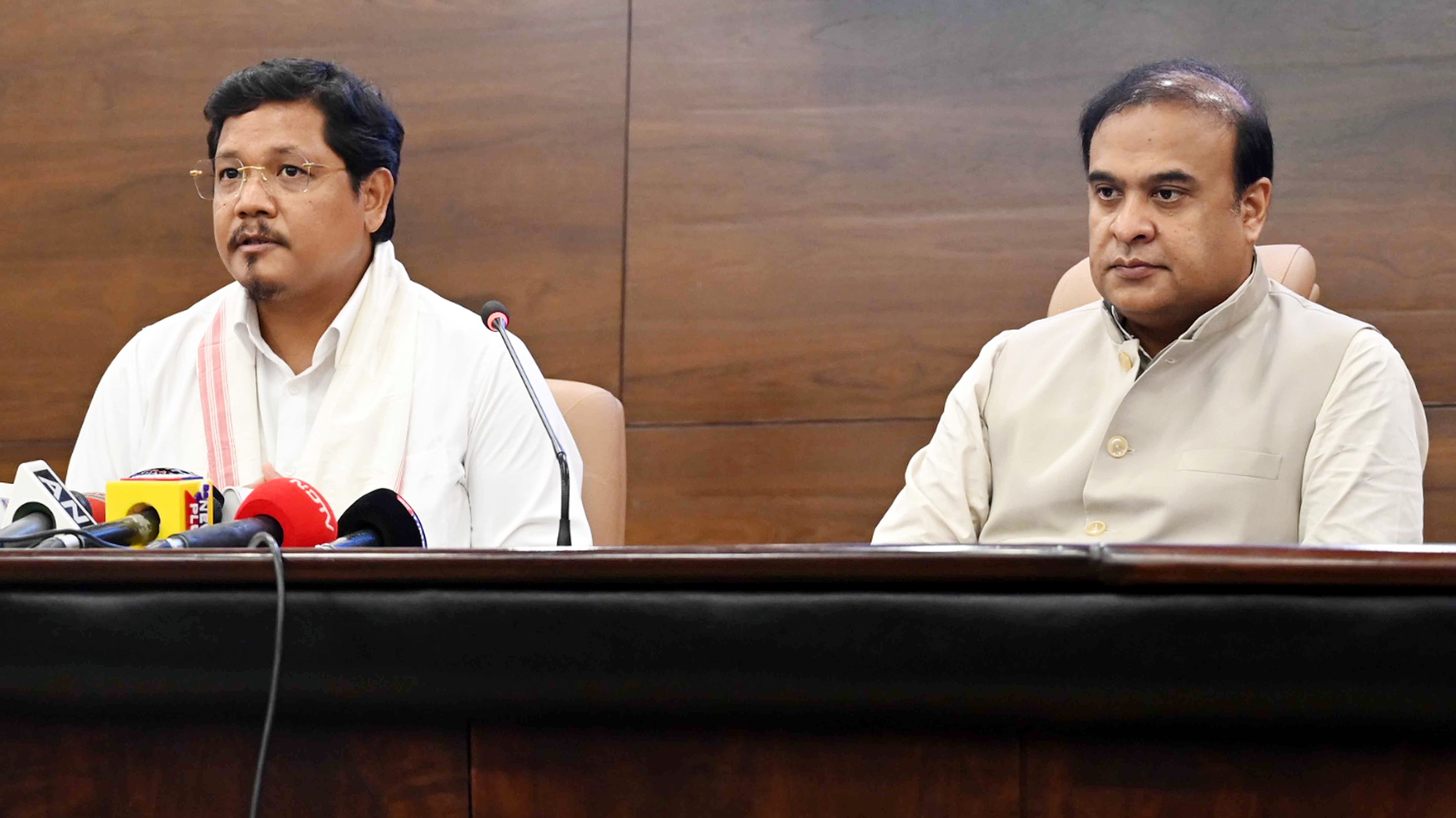 Meghalaya chief minister Conrad Sangma and Assam CM Himanta Biswa Sarmah during CM Level meeting on Assam-Meghalaya Border at Assam Secretariat, Guwahati,&nbsp; (ANI)