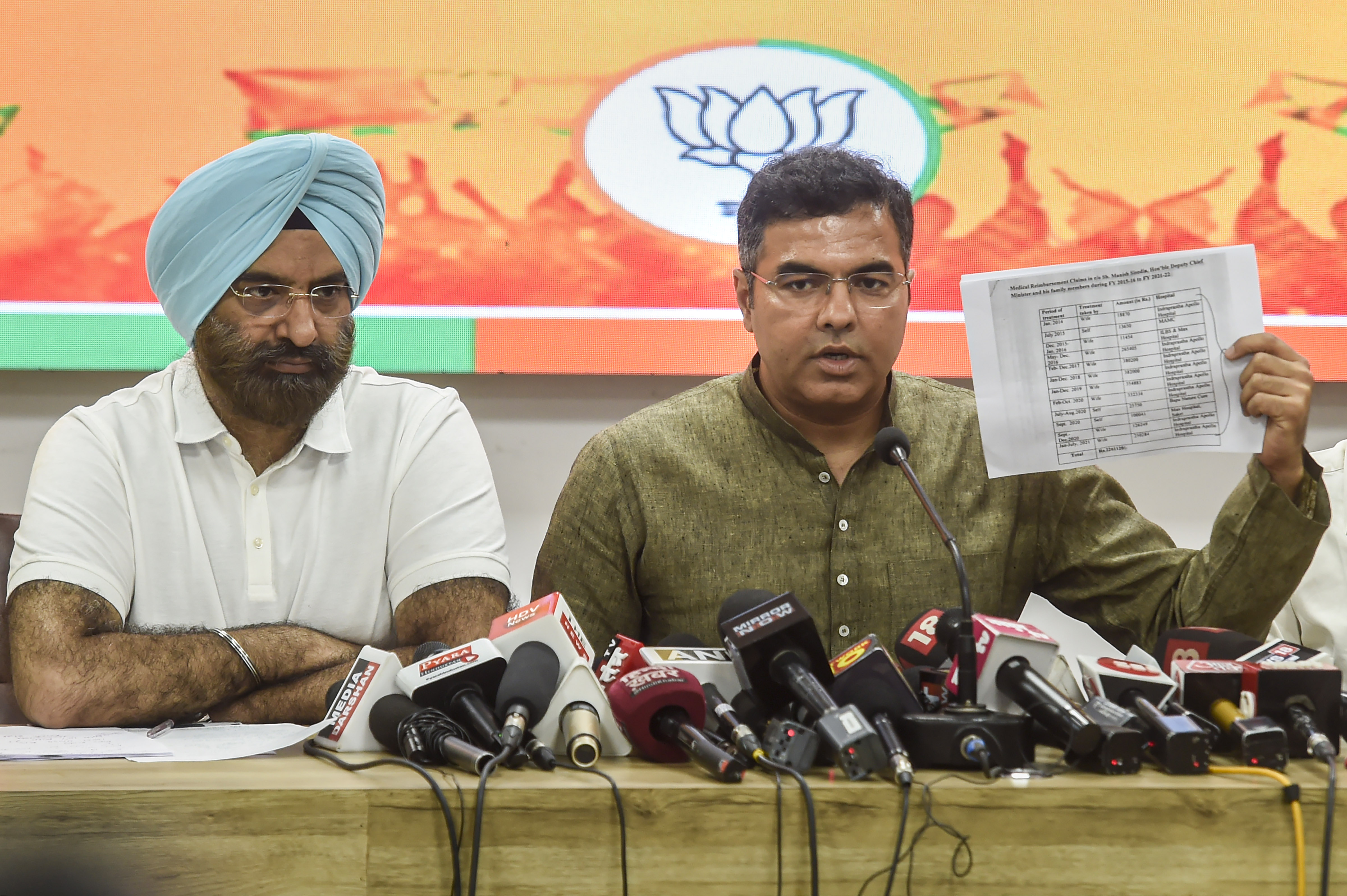  BJP MP Parvesh Verma with party leader Manjinder Sirsa addresses a press conference at the Delhi BJP office, in New Delhi. (PTI) BJP MP Parvesh Verma with party leader Manjinder Sirsa addresses a press conference at the Delhi BJP office, in New Delhi. (PTI)