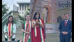 Canada’s Minister of National Defence Anita Anand addressing the crowd at the India Day Festival and Grand Parade in Toronto on Sunday. (Anita Anand/Twitter)