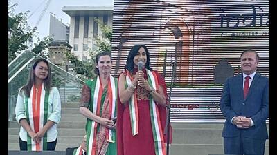 Canada’s Minister of National Defence Anita Anand addressing the crowd at the India Day Festival and Grand Parade in Toronto on Sunday. (Anita Anand/Twitter) Canada’s Minister of National Defence Anita Anand addressing the crowd at the India Day Festival and Grand Parade in Toronto on Sunday. (Anita Anand/Twitter)
